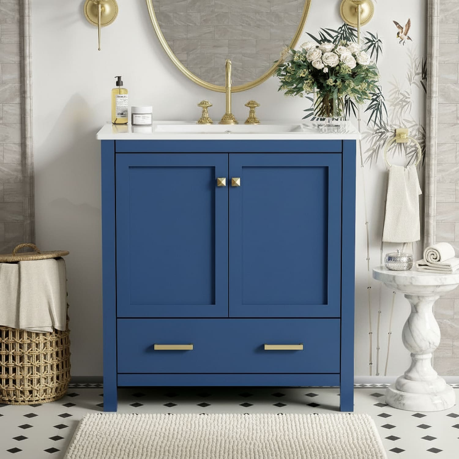 Homy Casa 30 Inch Blue Bathroom Vanity with Single Sink Solid Wood Cabinet with Two Doors One Drawer Soft Closing and Undermount Basin for Bathroom Storage