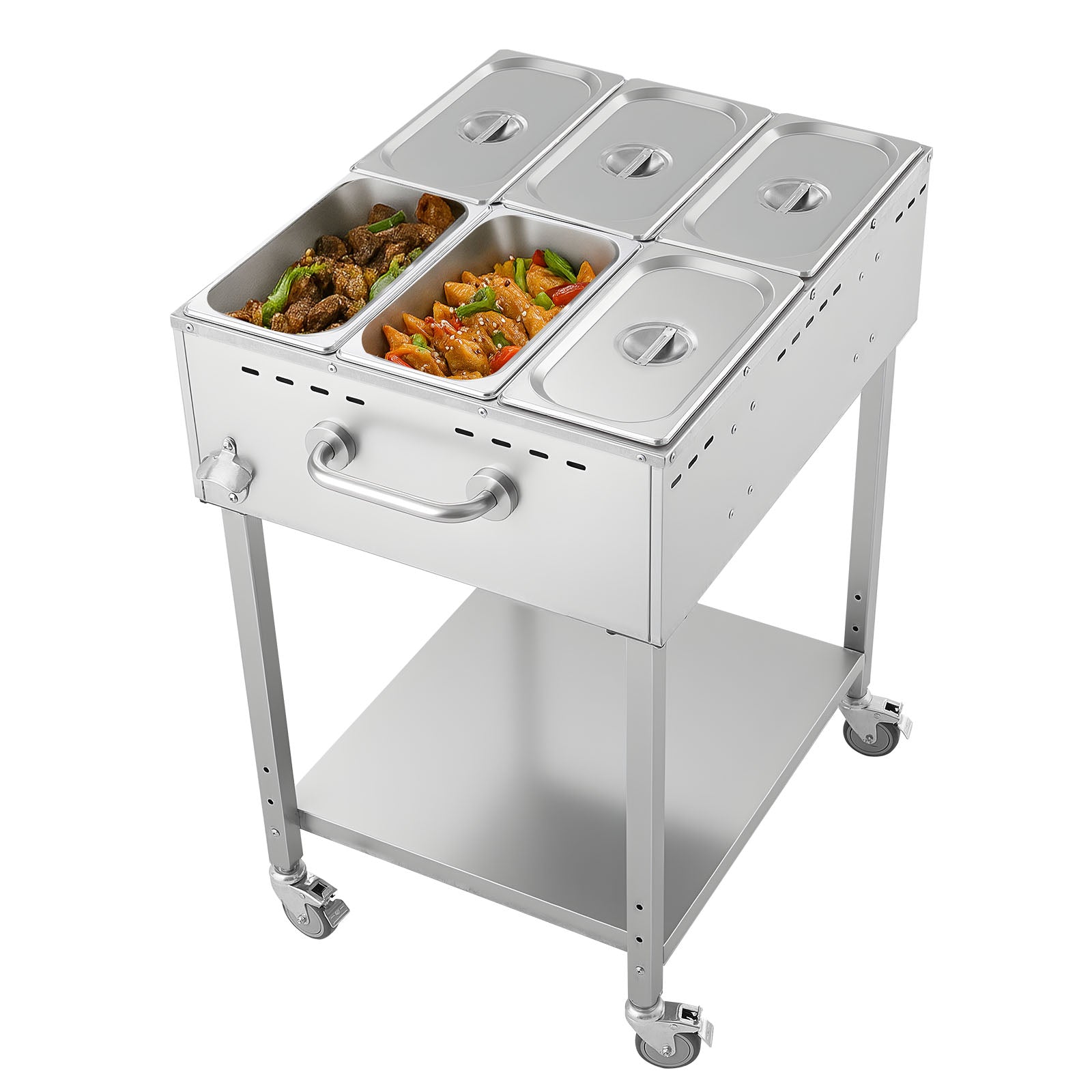 VEVOR 6-Pan Commercial Propane Steam Table  LP Gas Outdoor Soup Warmer with Drain Valve and 3in Wheels  Stainless Steel Propane Food Warmer with Adjustable Temperature  for Restaurant Outdoor Camping