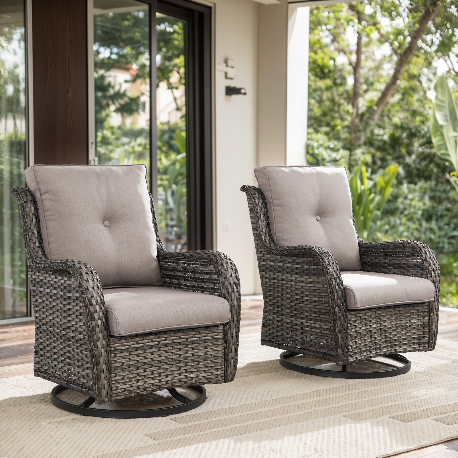Pocassy Set of 2 Wicker Gray Steel Frame Swivel glider Conversation Chair with Beige Solid Seat