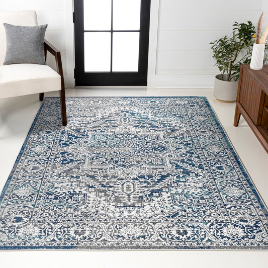 JONATHAN  Y MODERN PERSIAN Vintage 12 x 15 (ft) Loomed Polypropylene Navy/Light Gray Rectangular Indoor Medallion Persian Spot Clean Only Pet Friendly Area rug