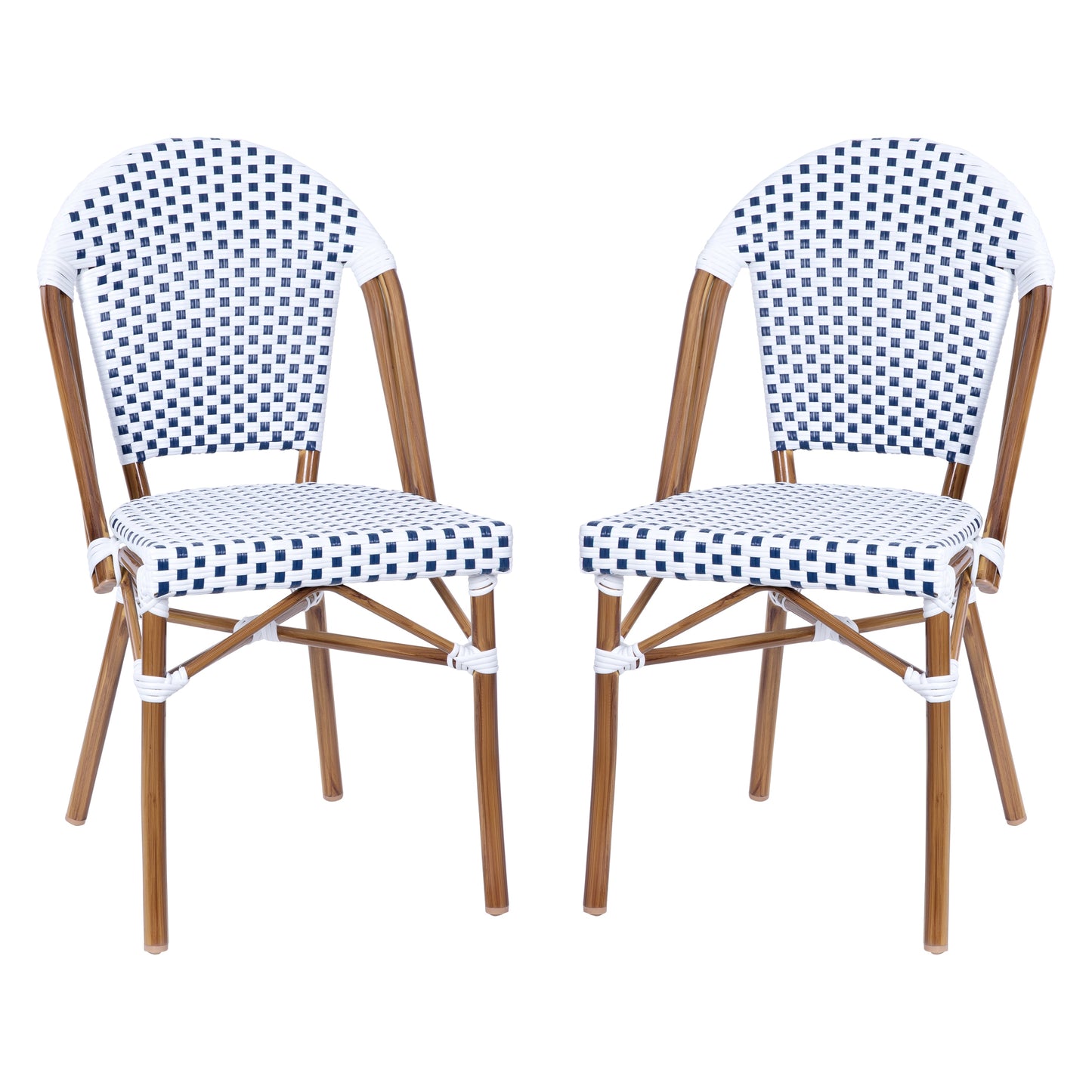 Flash Furniture Lourdes Set of 2 Indoor/Outdoor Commercial Bistro Stacking Chair; White/Gray PE Rattan Back and Seat; Bamboo Print Aluminum Frame in Natural