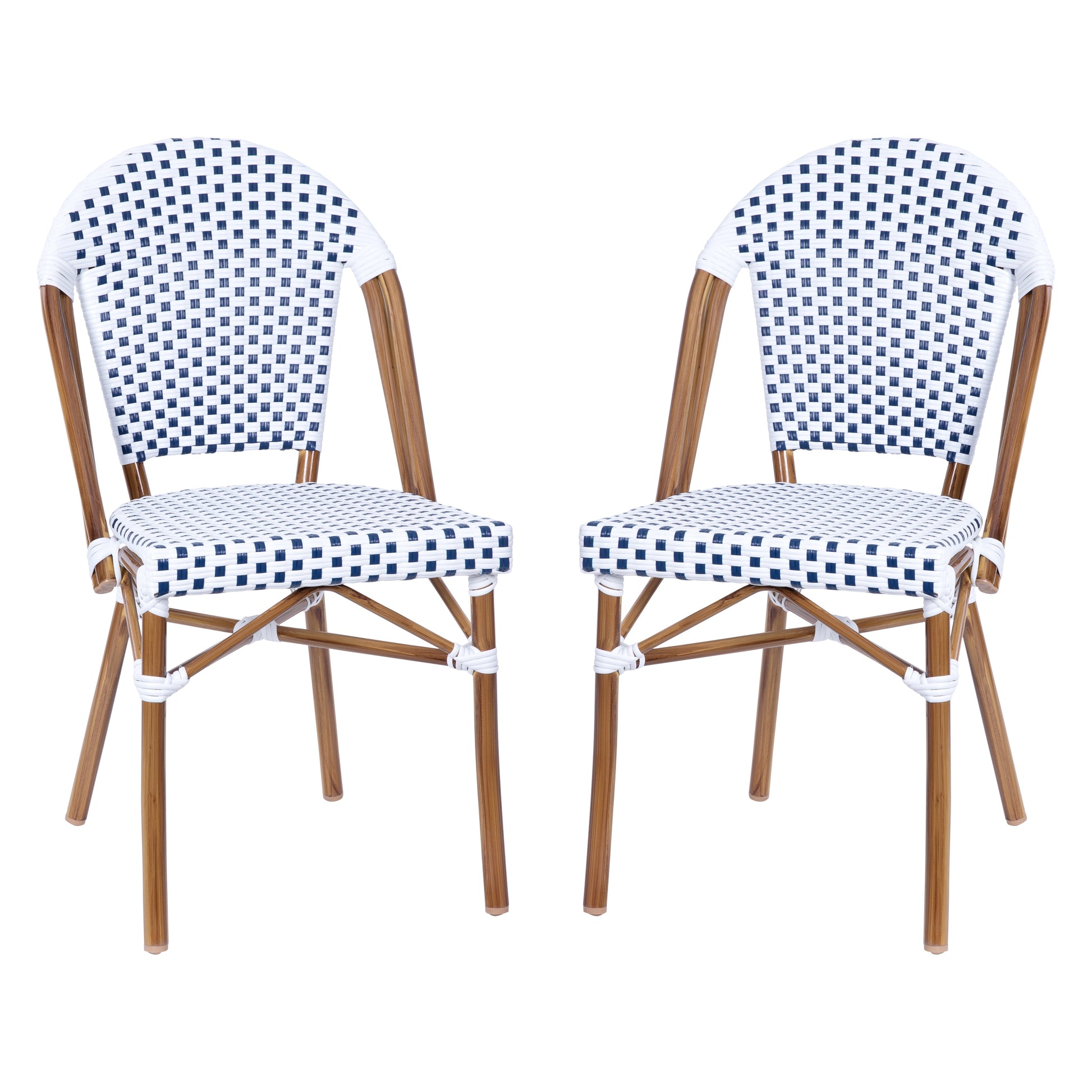 Flash Furniture Lourdes Set of 2 Indoor/Outdoor Commercial Bistro Stacking Chair; White/Gray PE Rattan Back and Seat; Bamboo Print Aluminum Frame in Natural