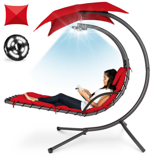 Best Choice Products  Hanging LED-Lit Curved Chaise Lounge Chair for Backyard Patio w/ Pillow Canopy Stand - Red
