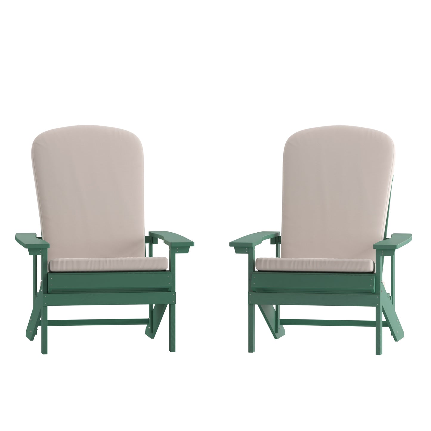 Flash Furniture Charlestown Set of 2 All-Weather Poly Resin Wood Adirondack Chairs in Green with Cream Cushions for Deck; Porch; and Patio