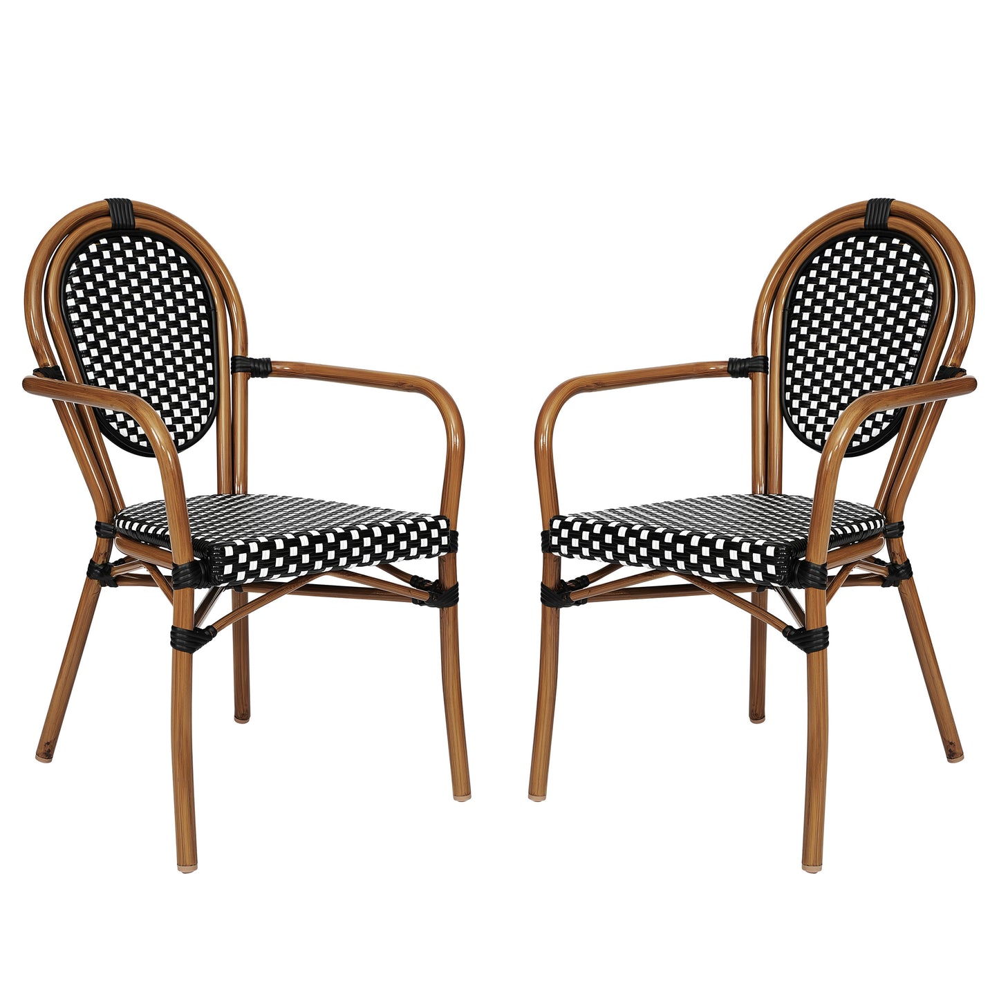 Merrick Lane Celia Set of Two Stacking Thonet Bistro Style Chair with Arms; Black and White PE Rattan Seat; and Natural Metal Frame for Indoor/Outdoor Use