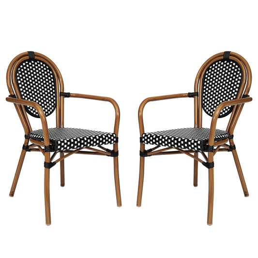 Merrick Lane Celia Set of Two Stacking Thonet Bistro Style Chair with Arms; Black and White PE Rattan Seat; and Natural Metal Frame for Indoor/Outdoor Use