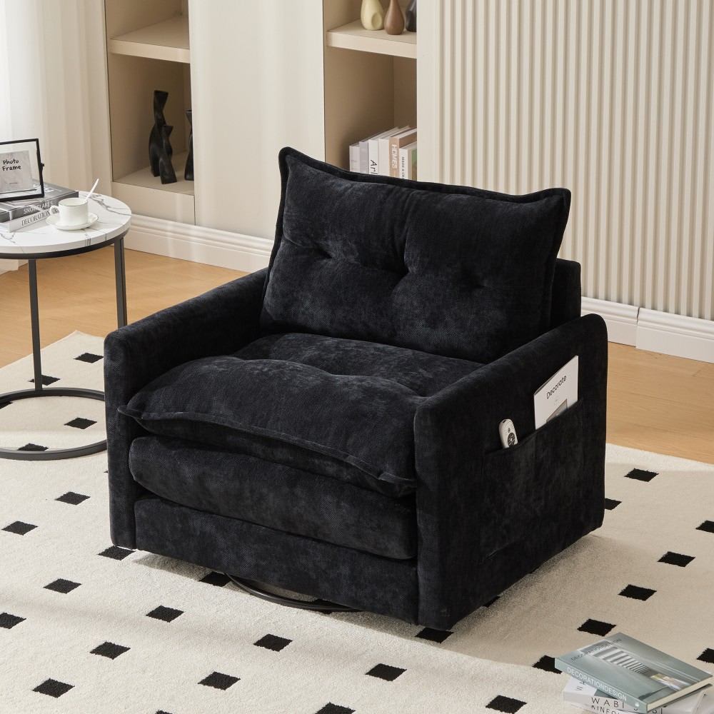 Coolbibila Black Chenille Swivel Barrel Accent Chair with Metal Base and Side Pockets for Living Room Bedroom