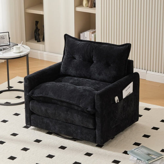 Coolbibila Black Chenille Swivel Barrel Accent Chair with Metal Base and Side Pockets for Living Room Bedroom