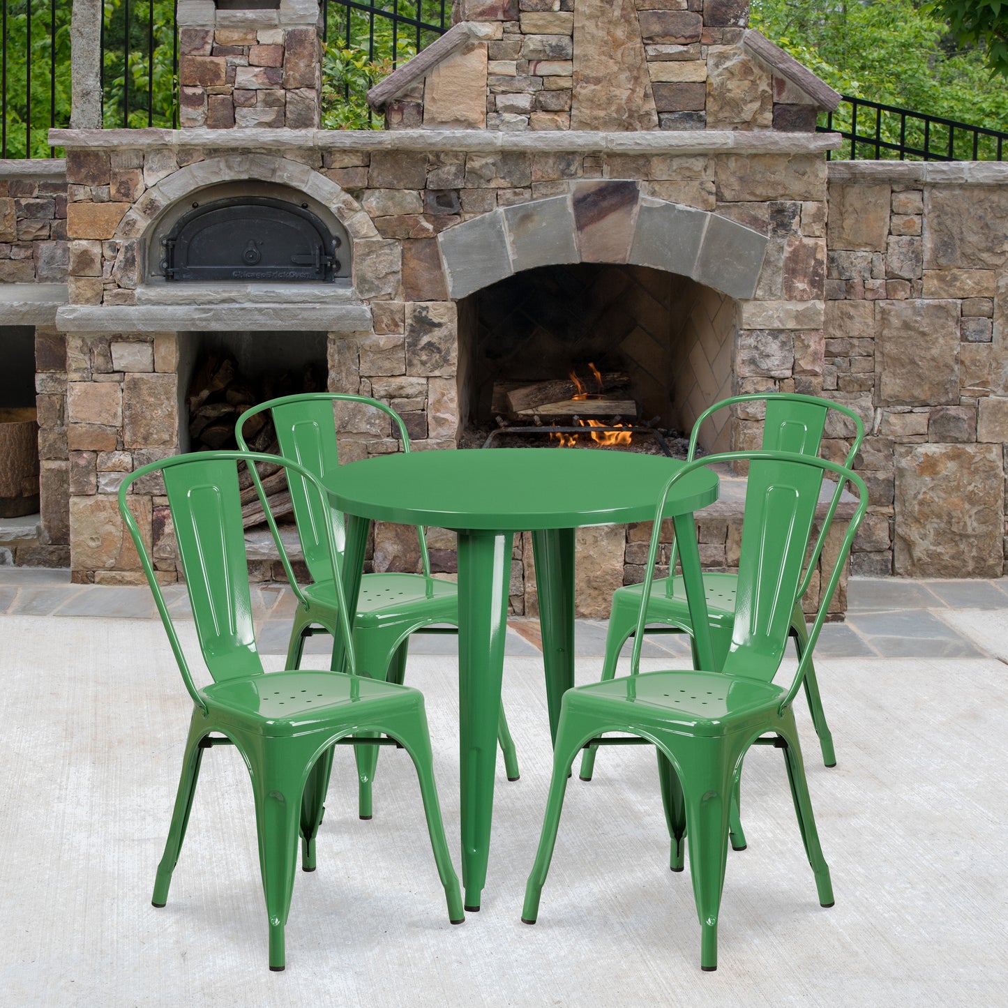 Flash Furniture Dalton Commercial Grade 30-in Round Green Metal Indoor-Outdoor Table Set with 4 Cafe Chairs