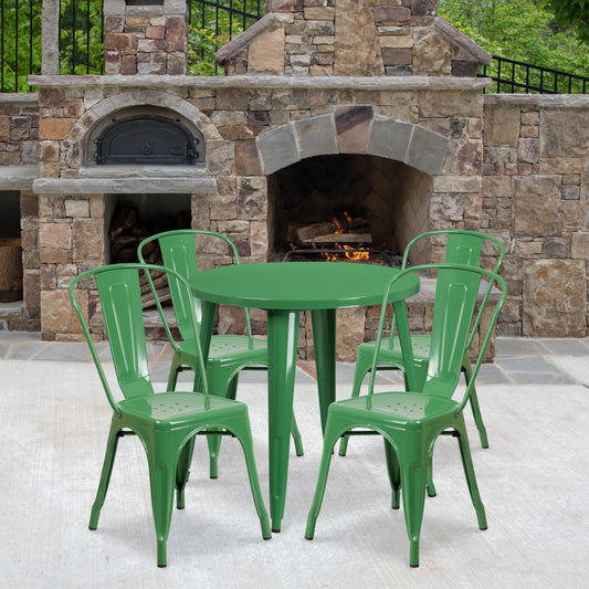 Flash Furniture Dalton Commercial Grade 30-in Round Green Metal Indoor-Outdoor Table Set with 4 Cafe Chairs