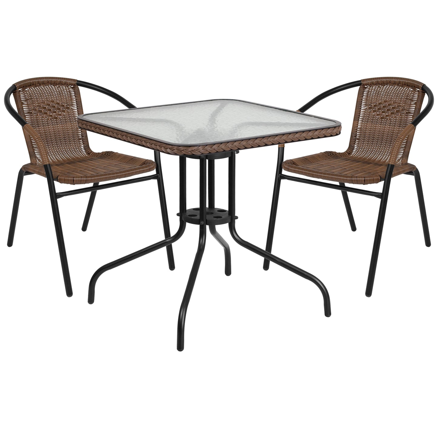 Flash Furniture Lila 28-in Square Glass Metal Table with Dark Brown Rattan Edging and 2 Dark Brown Rattan Stack Chairs
