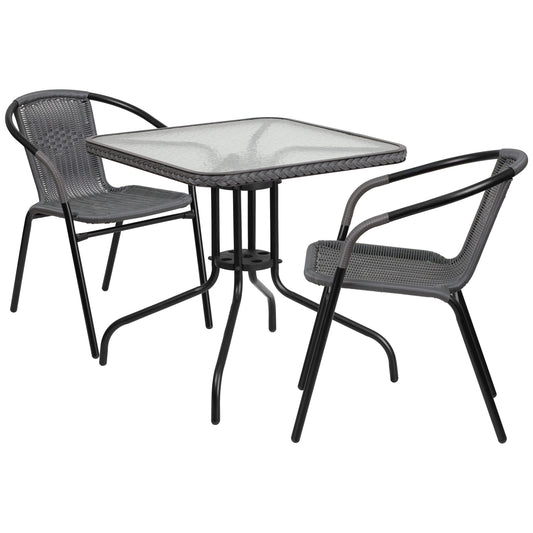 Flash Furniture Lila 28-in Square Glass Metal Table with Gray Rattan Edging and 2 Gray Rattan Stack Chairs