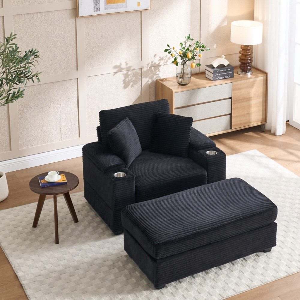 Coolbibila Modern Black Corduroy Chaise Lounge Sofa with Storage Armrest Cupholder and Ottoman for Living Room