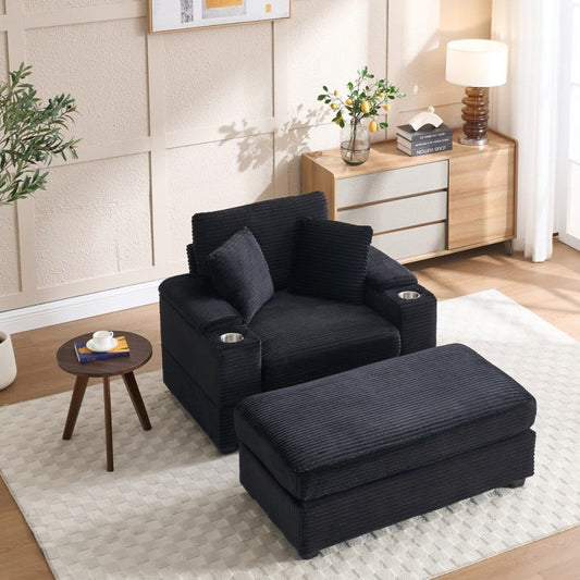 Coolbibila Modern Black Corduroy Chaise Lounge Sofa with Storage Armrest Cupholder and Ottoman for Living Room