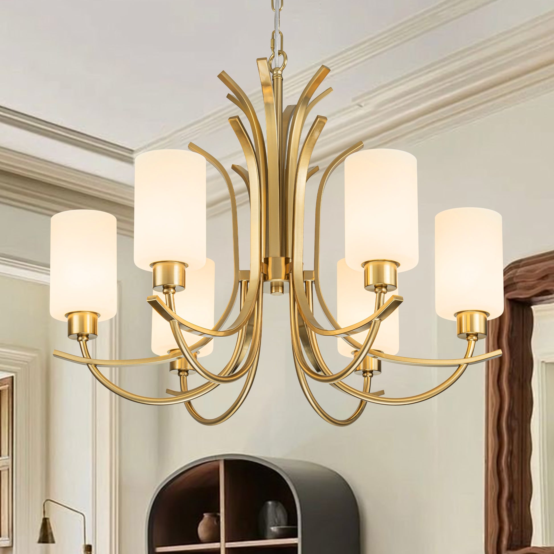 Zicbol 6 -Light Antique Brass Indoor Opal glass Glass Metal Chandelier