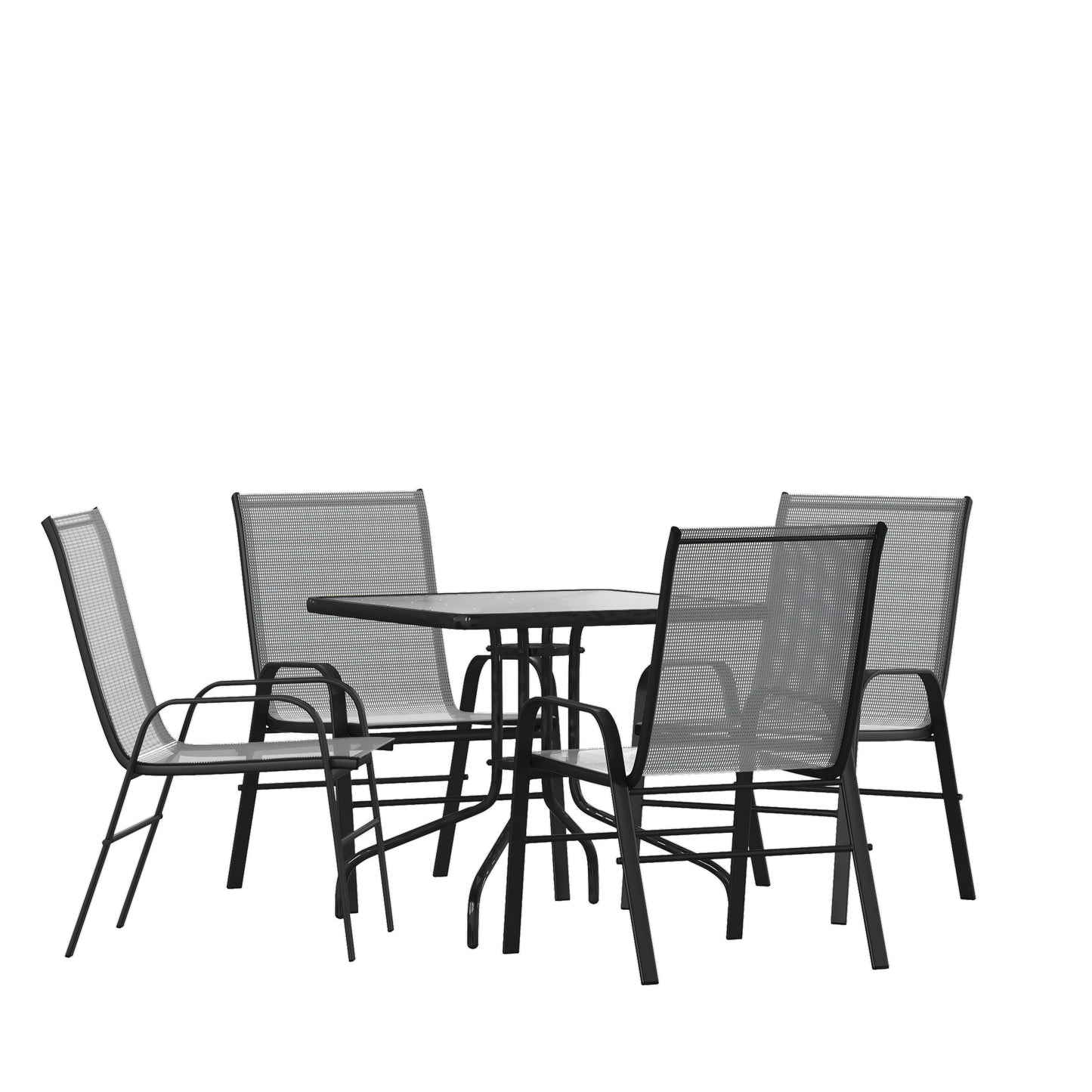 Flash Furniture Brazos 5 Piece Outdoor Patio Dining Set - 31.5-in Square Tempered Glass Patio Table; 4 Gray Flex Comfort Stack Chairs