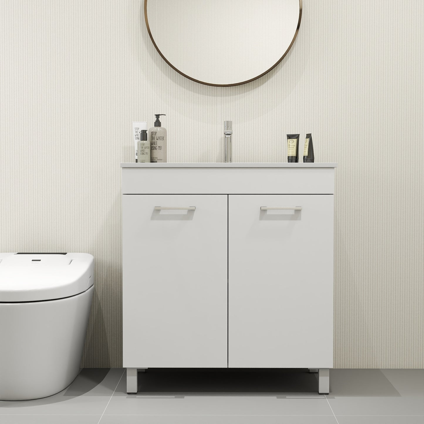 Tatayosi 32 inches Floor-Mounted Bathroom Vanity with Sink Combo Double Doors With Soft Close Hinges Bathroom Cabinet With Adjust Shelf Metal Handle Ceramic Basin Adjustable Silver Feet Glossy White