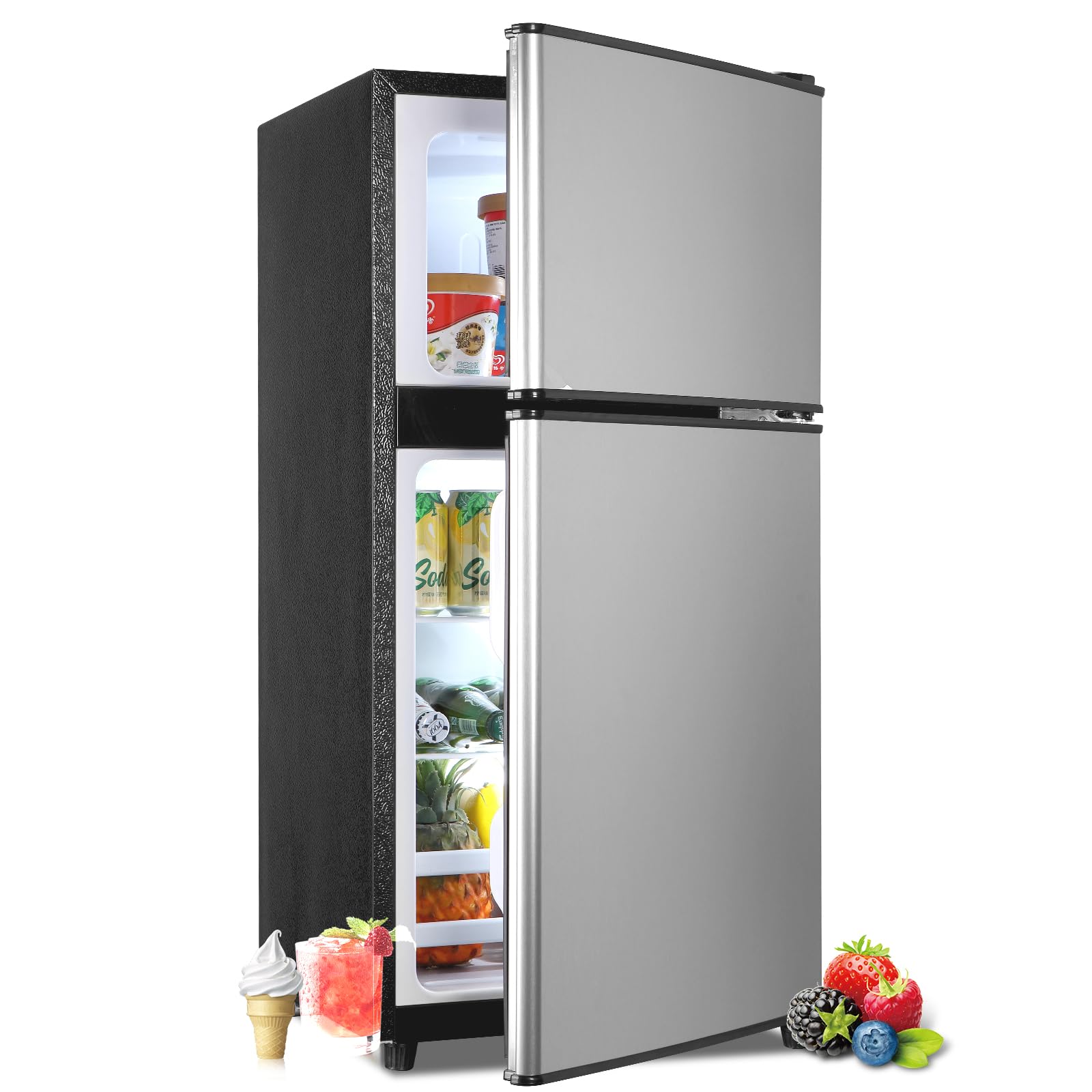 Delamu Mini Fridge with Freezer 3.6 Cu.Ft. Adjustable Thermostat Compact Fridge with FreezerOffice Mini Refrigerator with Freezers Small Size Dorm Fridges for ApartmentDormKitchenOfficeSilver