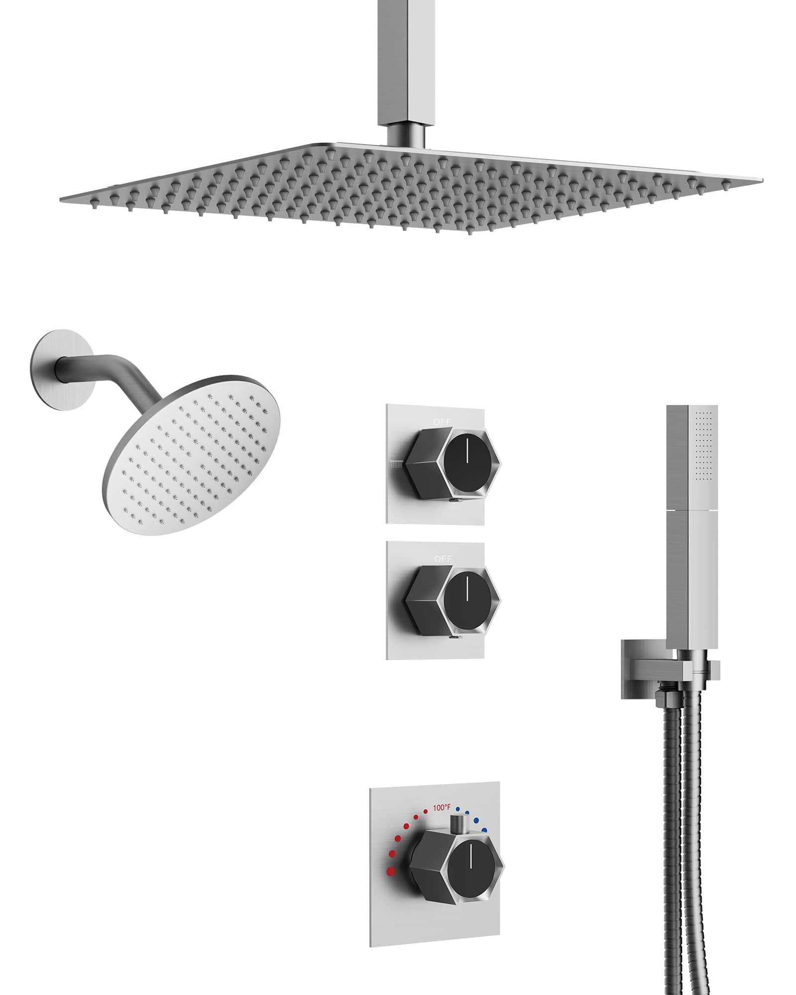 EVERSTEIN 12 in. 4-Spray Patterns Ceiling Mount Dual Shower Heads with Fixed and Handheld Shower Head (Valve Included)