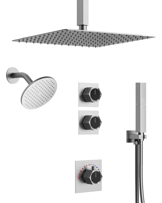 EVERSTEIN 12 in. 4-Spray Patterns Ceiling Mount Dual Shower Heads with Fixed and Handheld Shower Head (Valve Included)