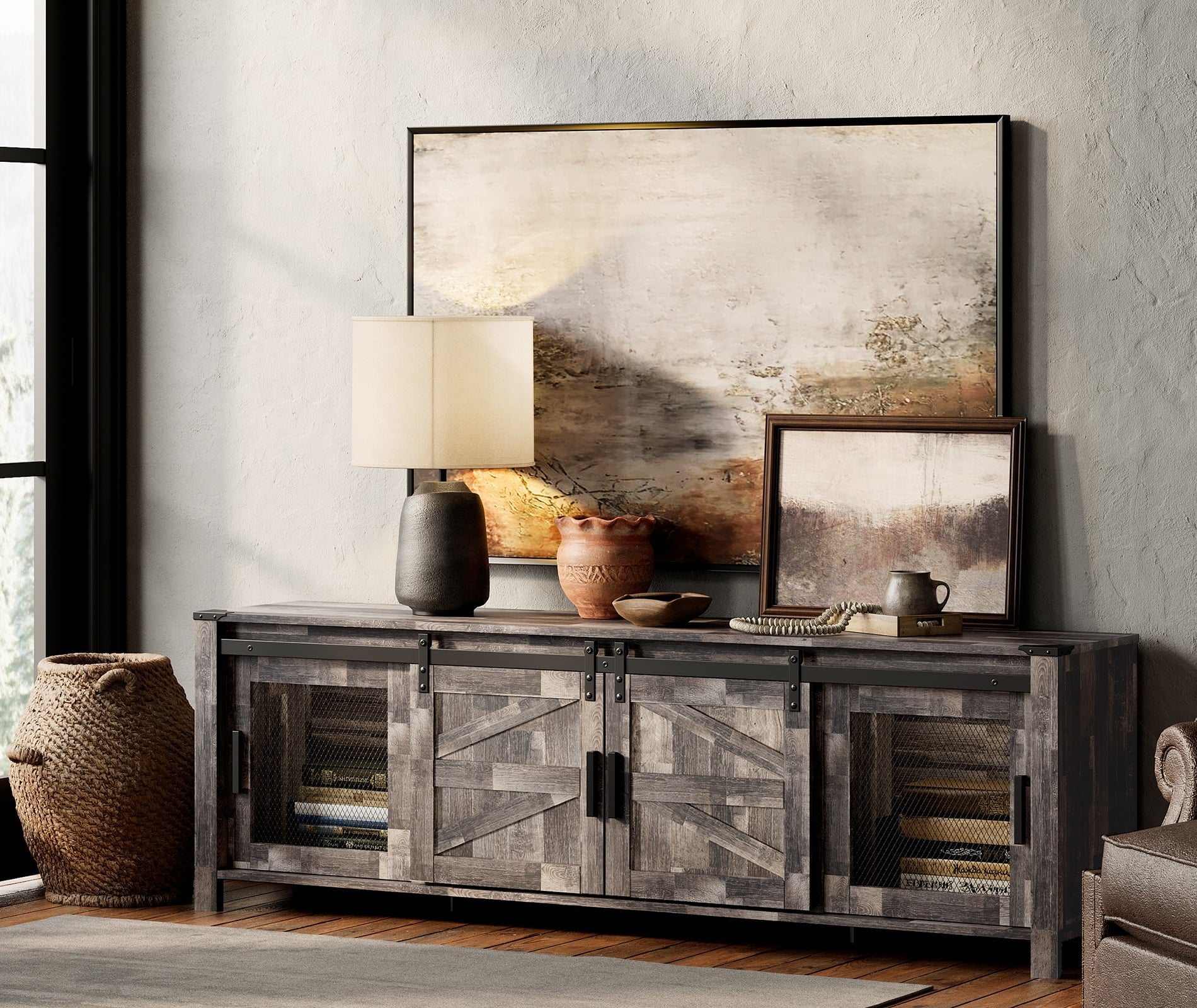 Wampat Television Stand with Storage Cabinets, Wood Metal White, 22.80 x 15.40 x 70.00 Inches