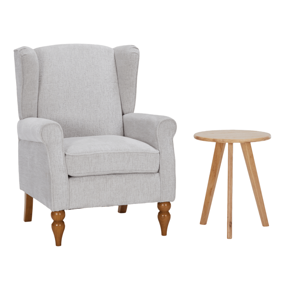 Vynxaria  Beige Polyester Wing Back High Back Reading Chair Natural Wood Coffee Table Set of 1 Vintage Luxury Armchair Rubberwood Frame 400 lb