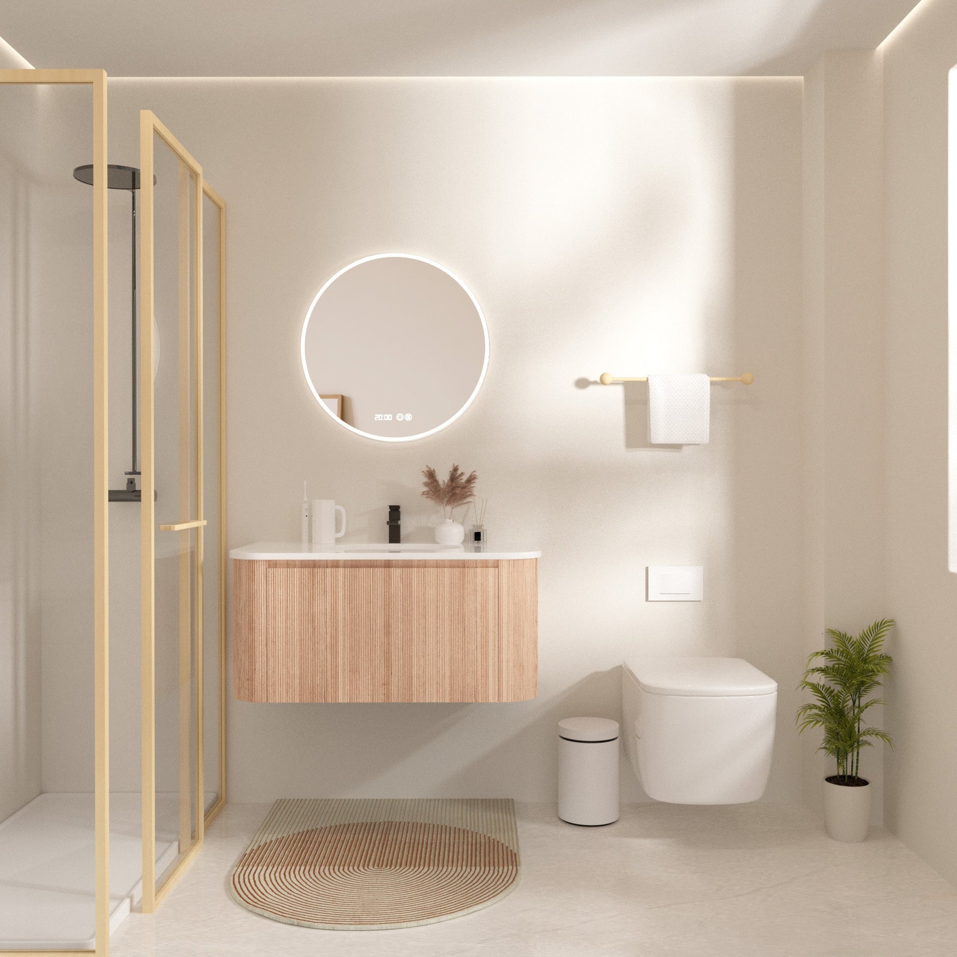 LOVMOR 36 Inch Wall Mounted Bathroom Vanity with Sink Curved Design Wave Texture Wood Finish Integrated Cultured Marble Pre-Assembled with Soft Close Drawer