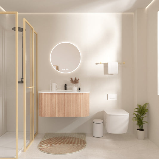 LOVMOR 36 Inch Wall Mounted Bathroom Vanity with Sink Curved Design Wave Texture Wood Finish Integrated Cultured Marble Pre-Assembled with Soft Close Drawer