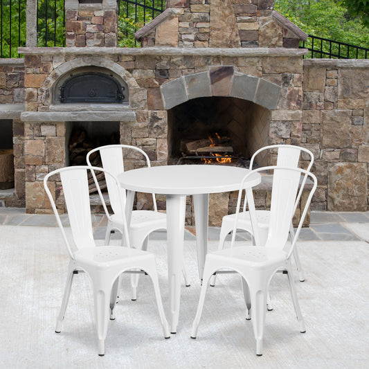 Emma + Oliver Commercial 30-in Round White Metal Indoor-Outdoor Table Set with 4 Cafe Chairs