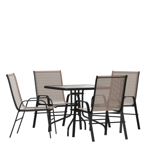 Emma + Oliver Five Piece Patio Dining Set - 31.5-in Square Table with Powder Coated Frame and Tempered Glass Top and 4 Brown Flex Comfort Stack Chairs