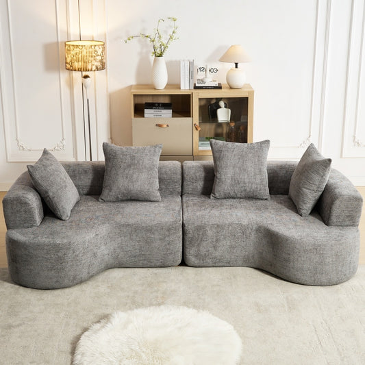 DYHOME Gray 4 Seater Sofa Modern Curved Sofa for Living Room Sectional Couch with 4 Pillows Compressed Sofa Chenille Fabric for Living Room Apartment Bedroom No Assembly Required