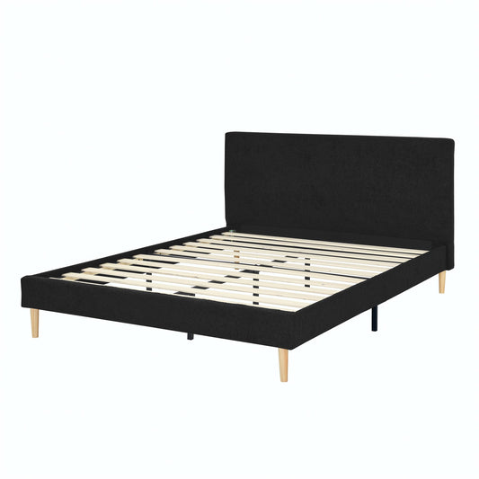 Vynxaria  Queen Size Platform Bed Frame Upholstered Headboard  Wood Slats Support Black Spacious Under Bed