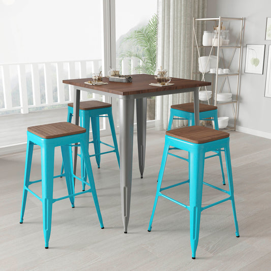 Merrick Lane Brooklyn Set of Four 30 Inch Tall Silver Metal Backless Wood Square Seat Bar Stools With Cross Braces