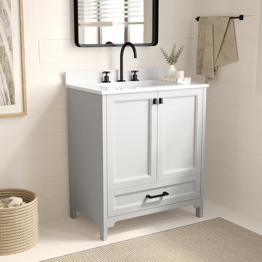 Merrick Lane Argos 30-in Single Sink Bathroom Vanity with Undermount Basin; Soft-Close Cabinet; Easy-Glide Drawer; and Carrara Marble Finish Countertop WH/BK