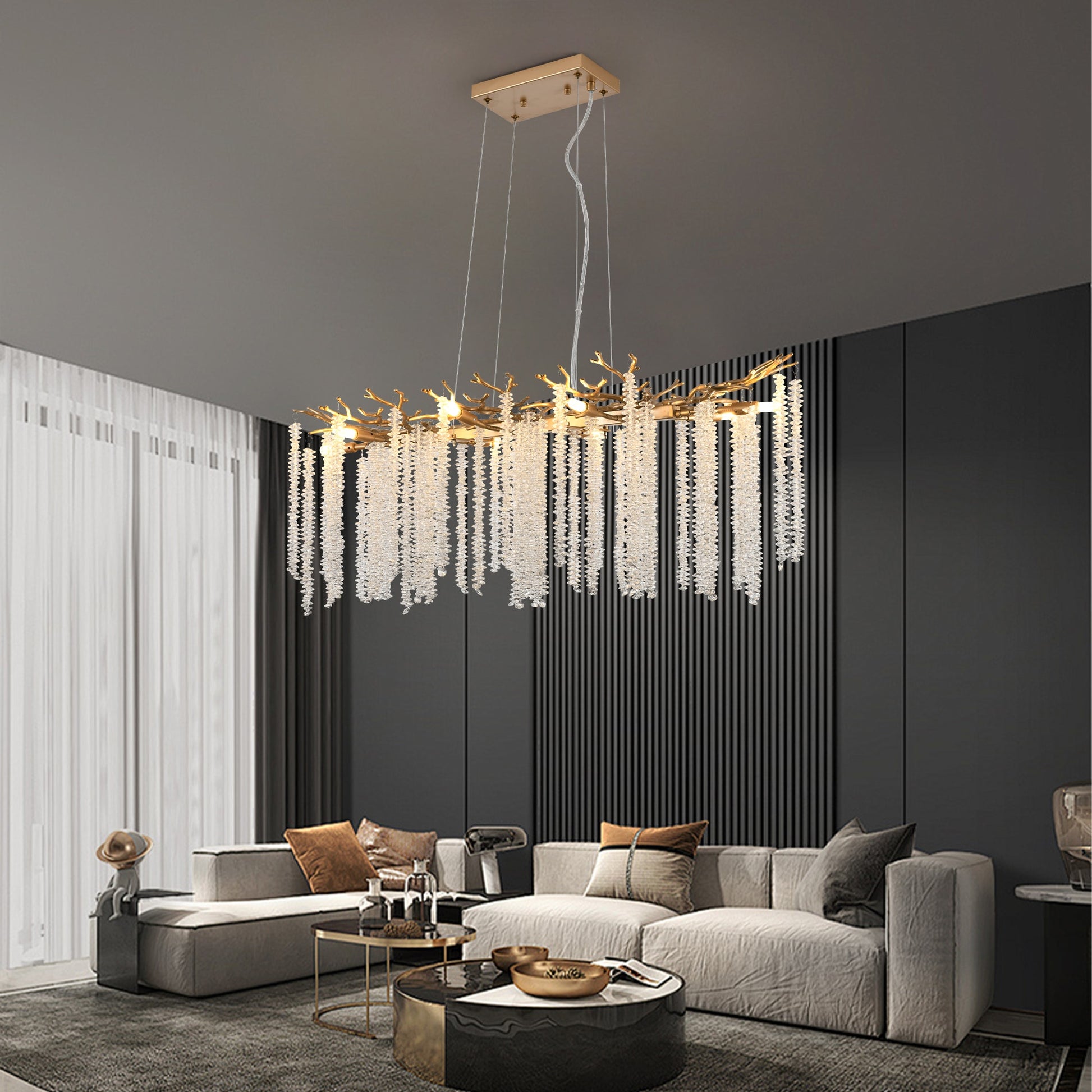 Tatayosi 39-inch Modern Golden Pendant Light with Cascading Crystal Strands Ideal for Living Room Dining Room and Foyer High-End Decorative Lighting Fixture (Bulb Not Included)