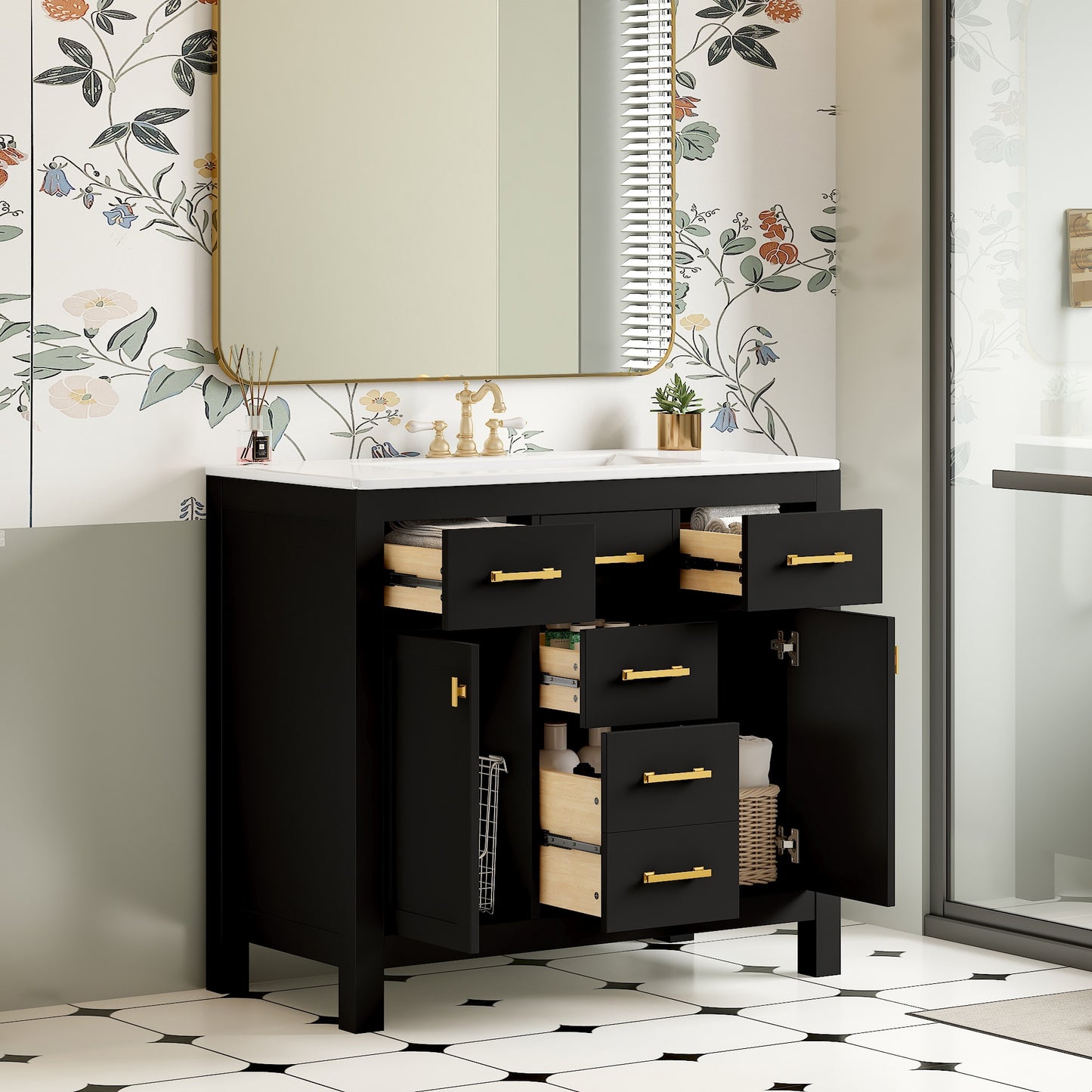 LOVMOR 36 Bathroom Vanity with Ceramic Sink Combo Set Modern Freestanding Single Bathroom Cabinet with 4 Drawers and 2 Cabinets Storage Cabinet for Bathroom Solid Wood Frame Vanity Set Black