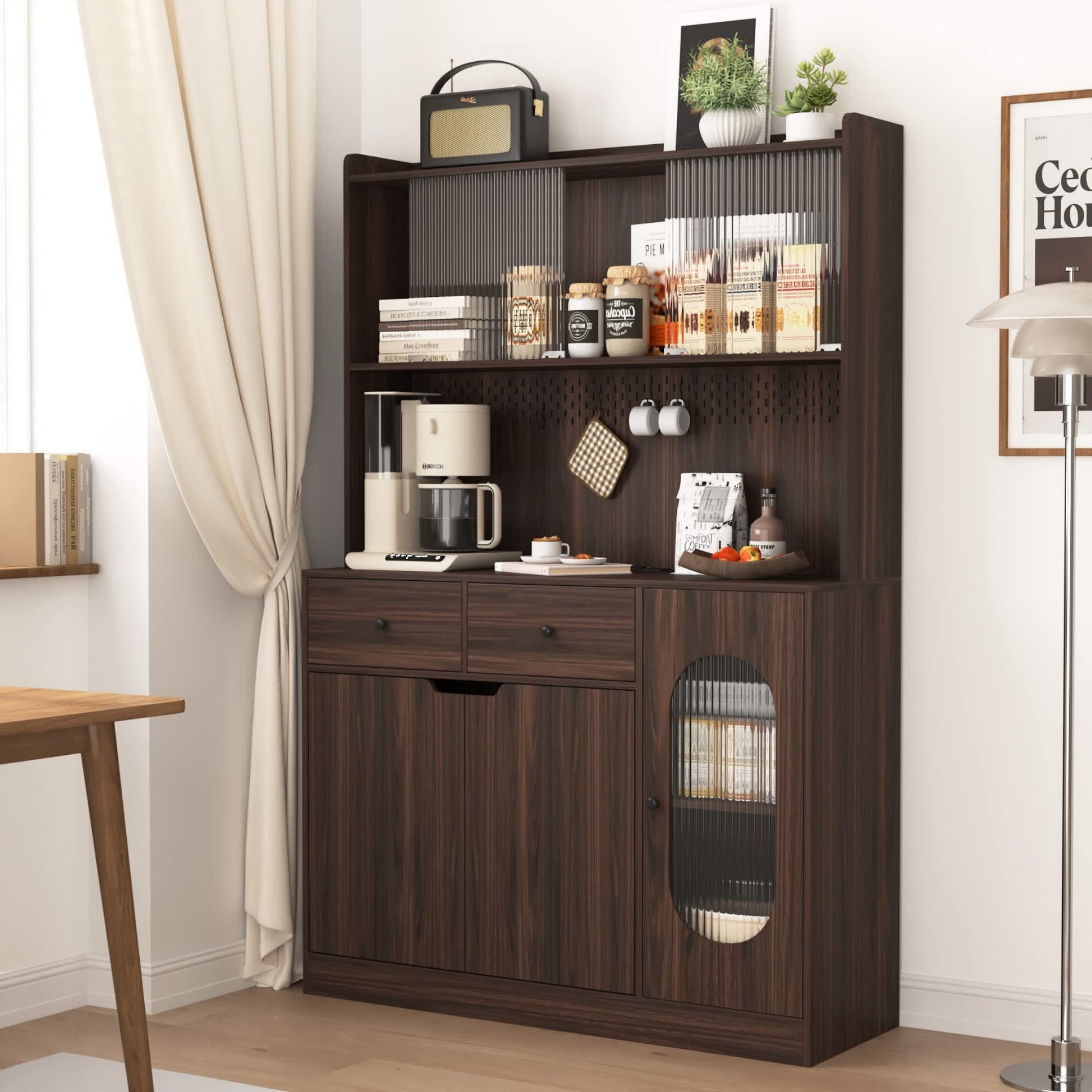 Vynxaria  71inchTall Kitchen Pantry Cabinet   Reeded Glass Doors  Microwave Stand  Pegboard Back with Hooks  Bakers Rack for Kitchen Pantry Living Room