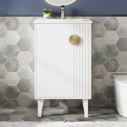 GDFStudio 20-inch Bathroom Vanity with Ceramic Sink Freestanding Single Vanity Set with Soft Closing Door Chic Half-Moon Pulls French Style White