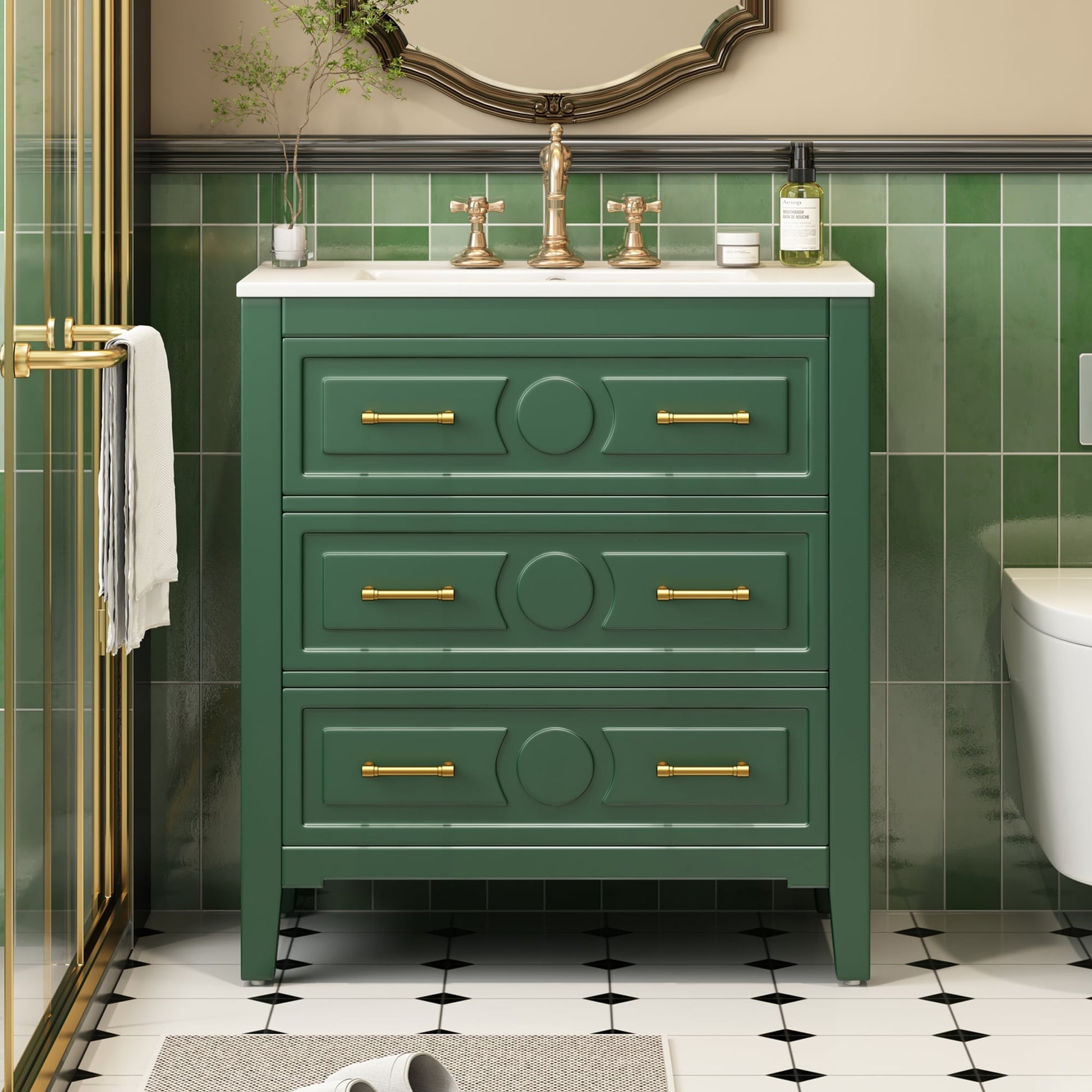 GDFStudio 30 Inch Bathroom Vanity with Ceramic Sink Combo Free Standing Single Vanity Set with 3 Drawers Solid Wood Frame Bathroom Storage Cabinet Green