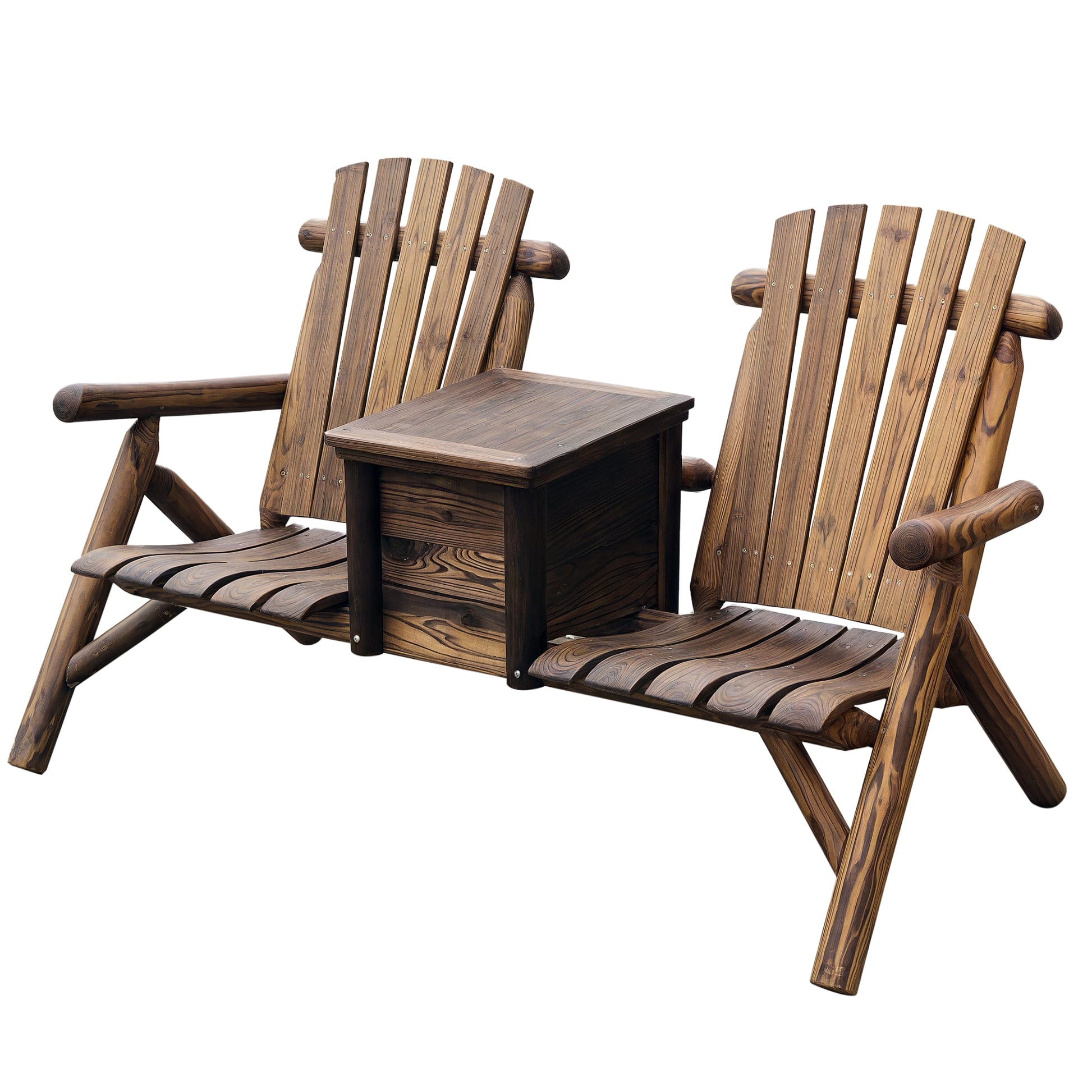 Outsunny  Double Wooden Adirondack Chair with Ice Bucket Outdoor Loveseat with High Backrest Smooth Armrest Rustic Brown