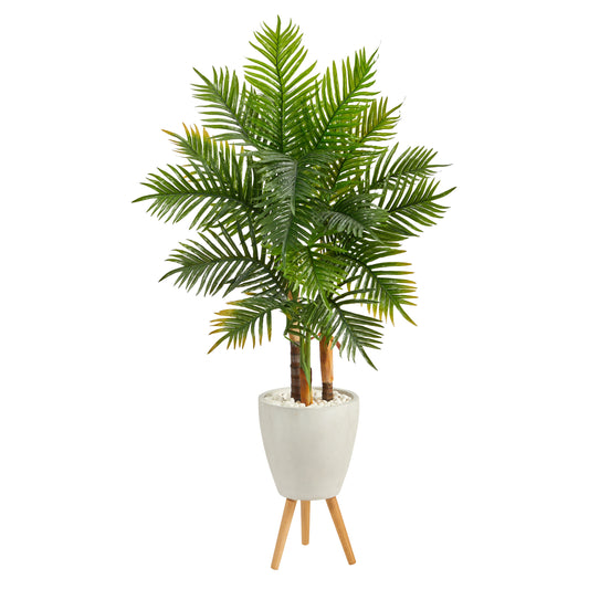 Nearly Natural  63-in Areca Artificial Palm Tree in White Planter with Stand (Real Touch)