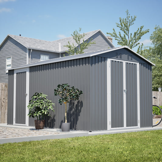 LOVMOR 8x12 FT Grey Outdoor Metal Storage Shed with Side Door 2 Lockable Doors Aluminum Frame