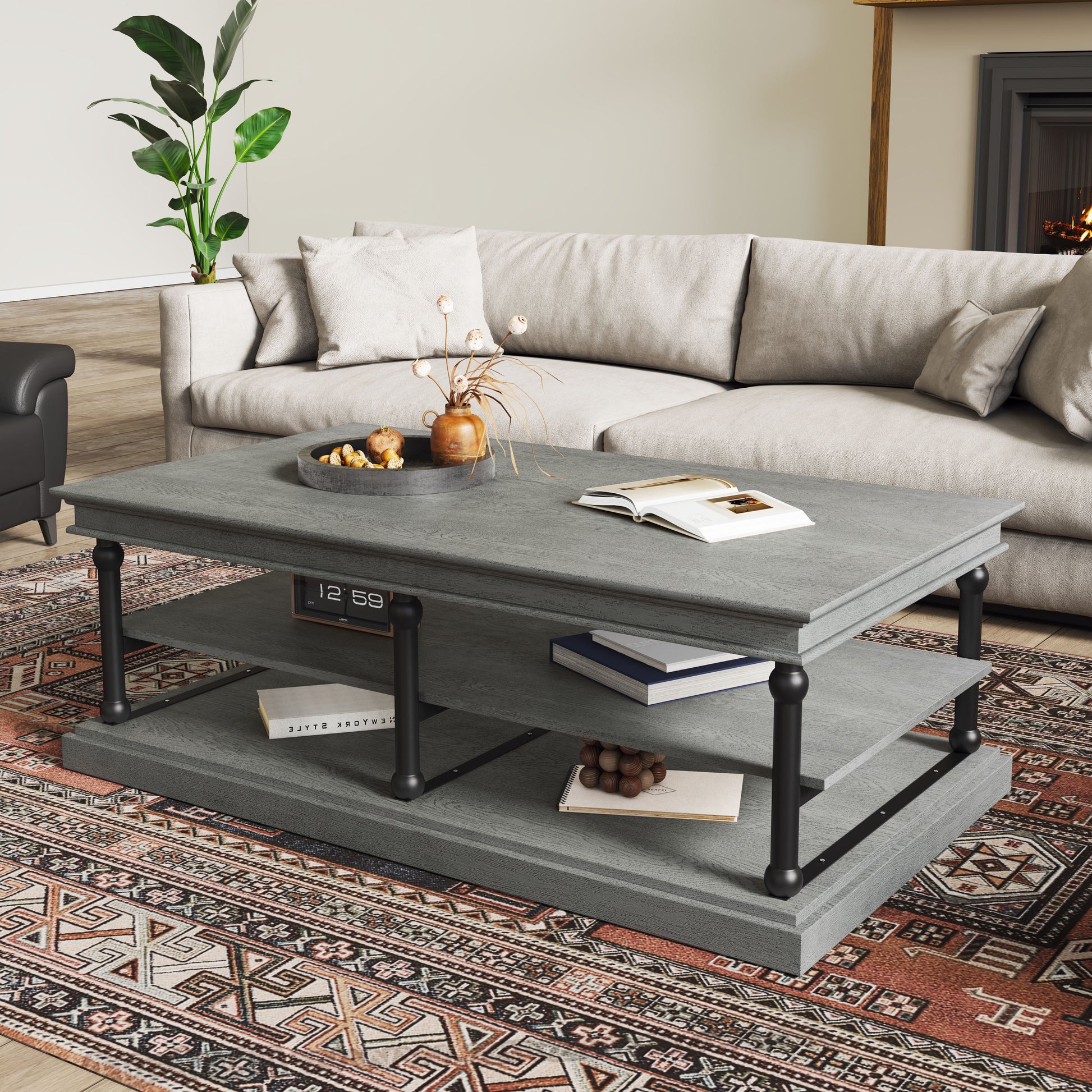 Christopher Knight Home Vivian Gray 55 Inch Wood Coffee Table Black Legs 2 Open Storage Shelves