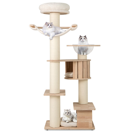 Slickblue Natural Finish Wooden Cat Tree - 69 x 21.5-Inch with Plush Cushion Hammock and Condo â€“ Stable Luxury Cat Tower for Indoor Cats