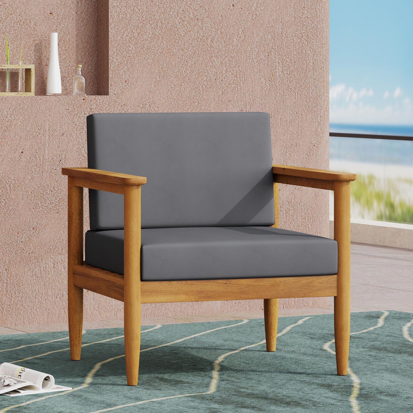 Moda Furnishings Giga Brown Wood Frame Stationary Conversation Chair with Gray GIGA Cushioned Seat