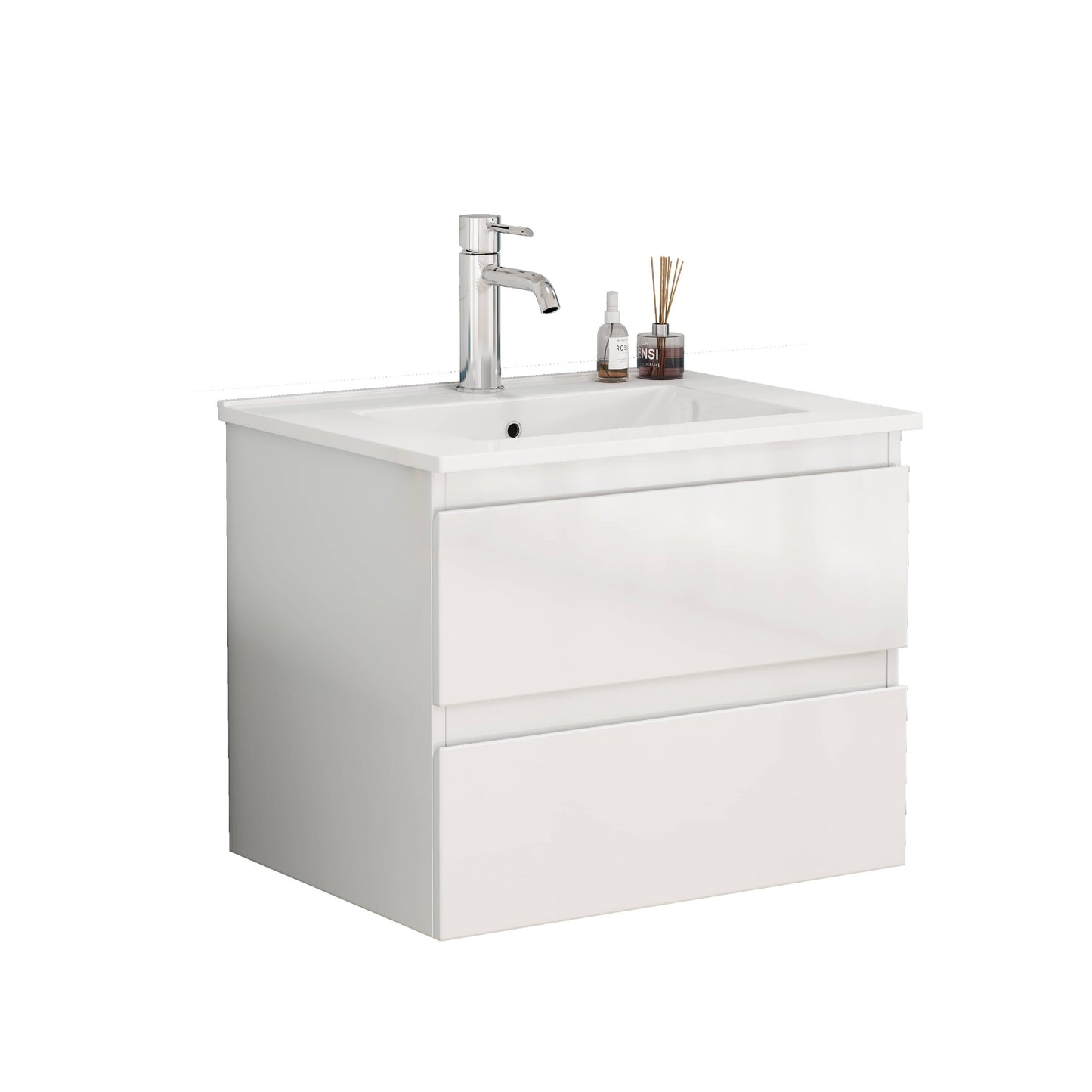 Vynxaria  24 in 1 Sink All-in-One Vanity Glossy White Bath Vanity with White Ceramic Top Soft Close Handle-Free