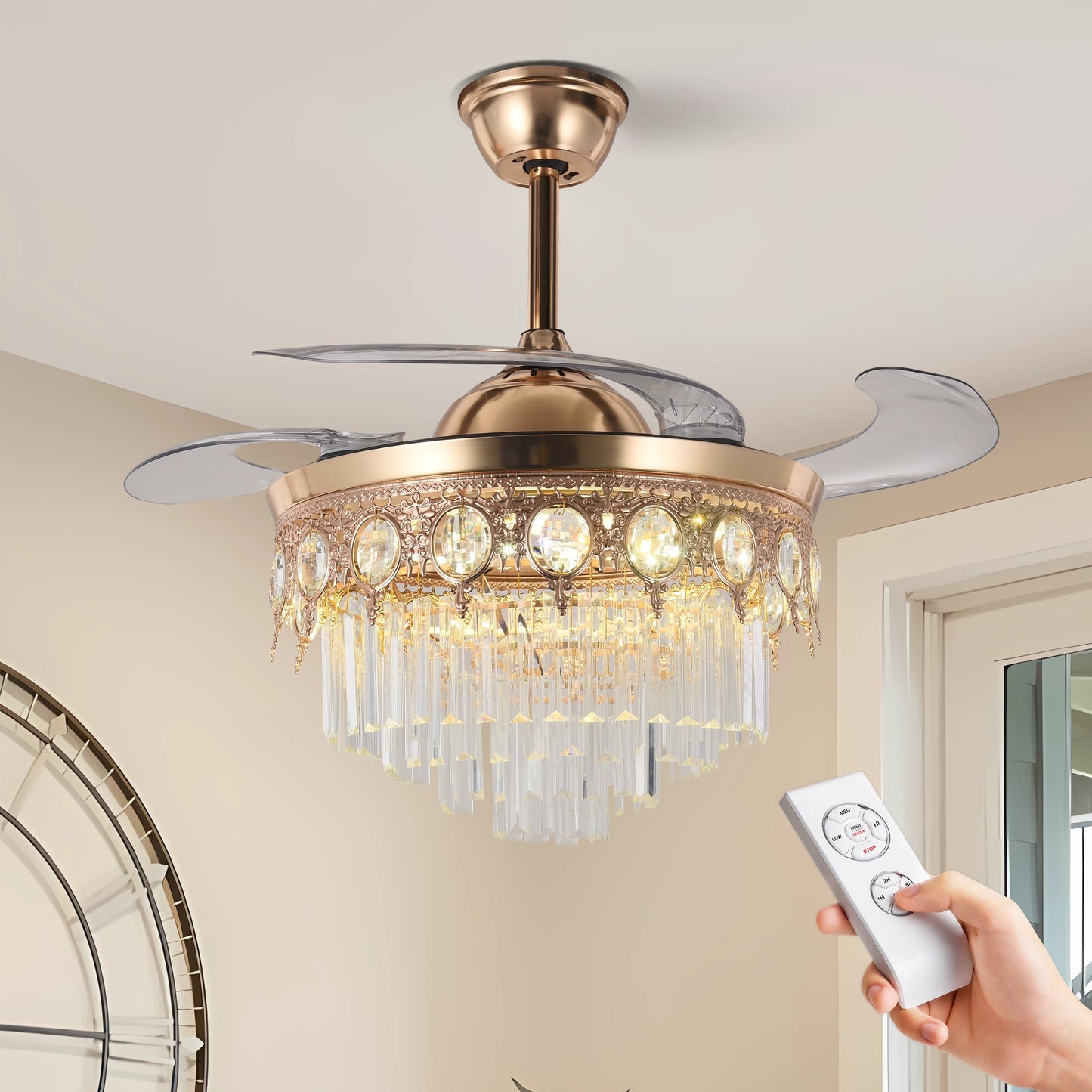 EFPERFECT 43 Inch Smart Gold Crystal Ceiling Fan with Bluetooth Speaker Retractable Blades and RGB Color Lighting Remote