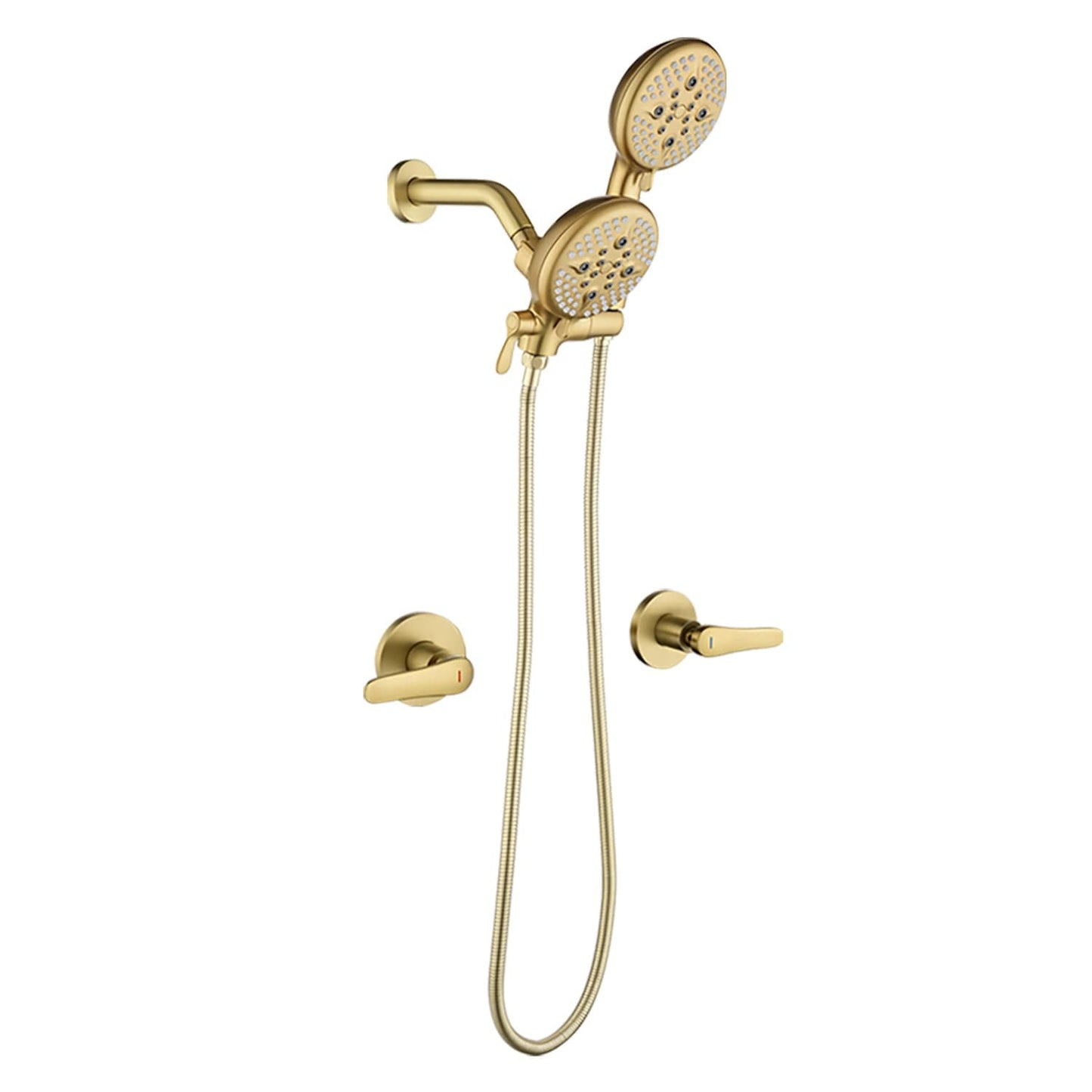 Boyel Living Brushed Gold 5 Function Dual Shower Head with Copper Body Double Handles and Stainless Steel Hose