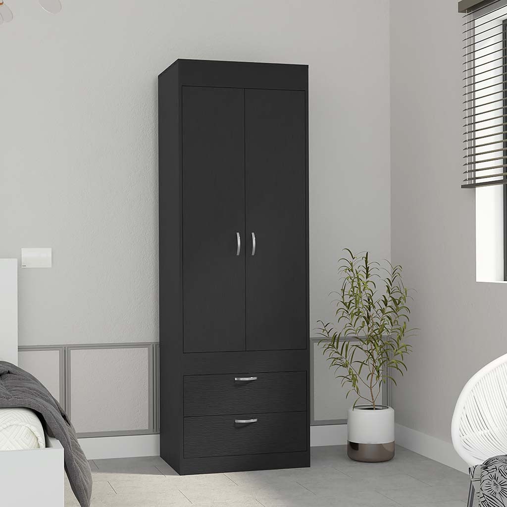 LOVMOR Armoire 70Hin Double Door Cabinet Two Drawers Metal Handles Rod Black