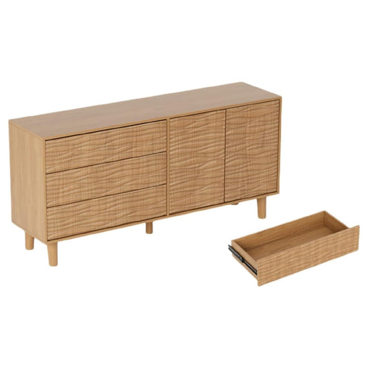 Garvee 61 Inch Mid Century Modern Buffet Cabinet with Undulating Groove Design Large Storage Sideboard with 3 Drawers PushtoOpen Doors Adjustable Shelves